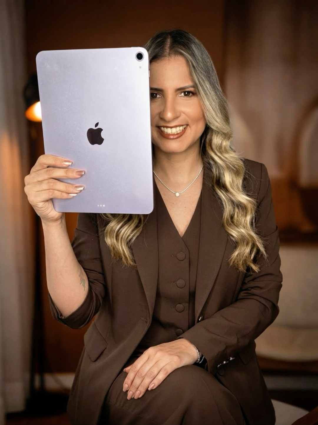 Willyanne Silva sorrindo, segurando um tablet